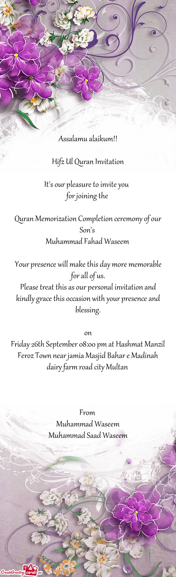 Friday 26th September 08:00 pm at Hashmat Manzil Feroz Town near jamia Masjid Bahar e Madinah dairy