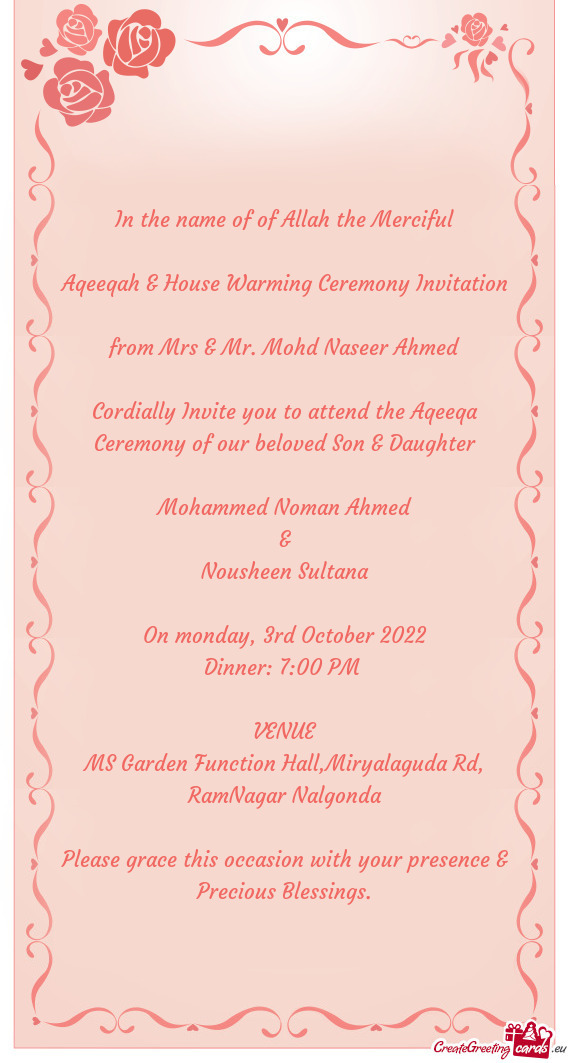 From Mrs & Mr. Mohd Naseer Ahmed