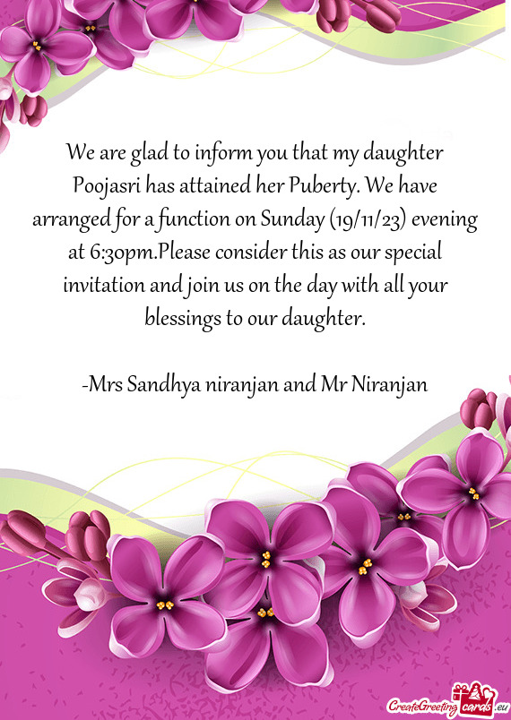 Function on Sunday (19/11/23) evening at 6:30pm.Please consider this as our special invitation and