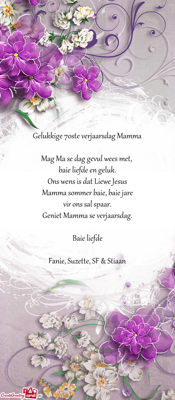 Gelukkige 70ste verjaarsdag Mamma