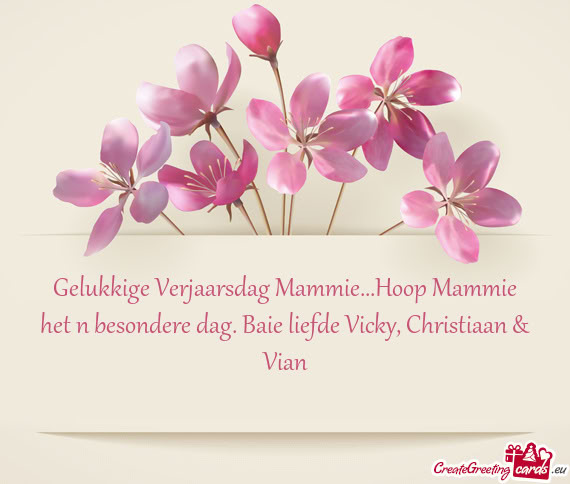 Gelukkige Verjaarsdag Mammie...Hoop Mammie het n besondere dag. Baie liefde Vicky, Christiaan & Vian