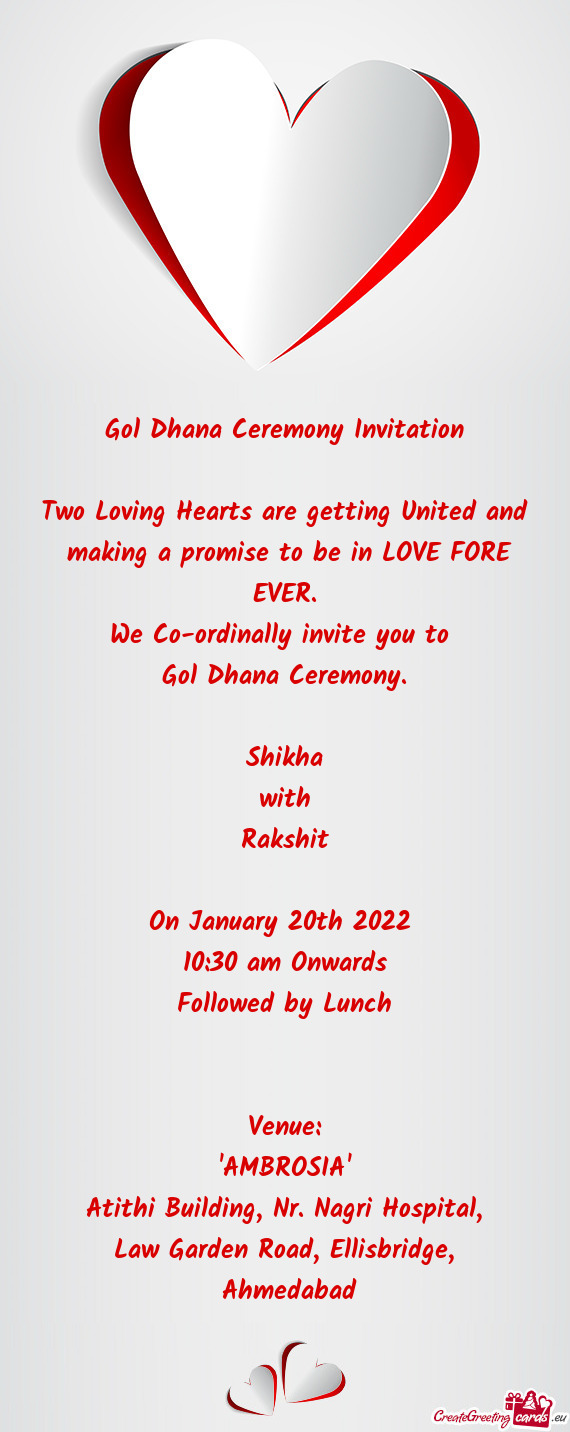 Gol Dhana Ceremony Invitation    Two Loving Hearts are