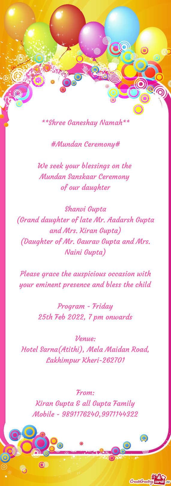 (Grand daughter of late Mr. Aadarsh Gupta and Mrs. Kiran Gupta)