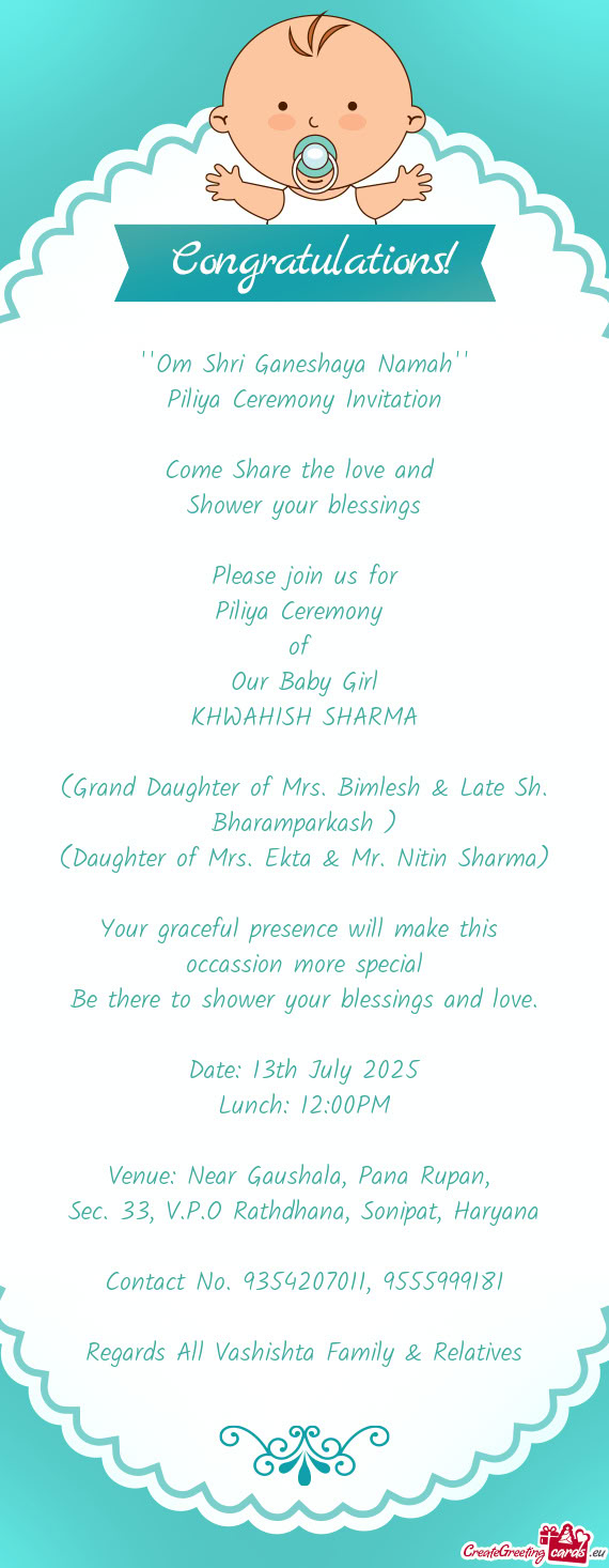 (Grand Daughter of Mrs. Bimlesh & Late Sh. Bharamparkash )