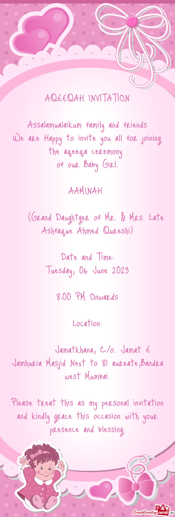 (Grand Daughtger of Mr. & Mrs. Late Ashfaque Ahmed Qureshi)