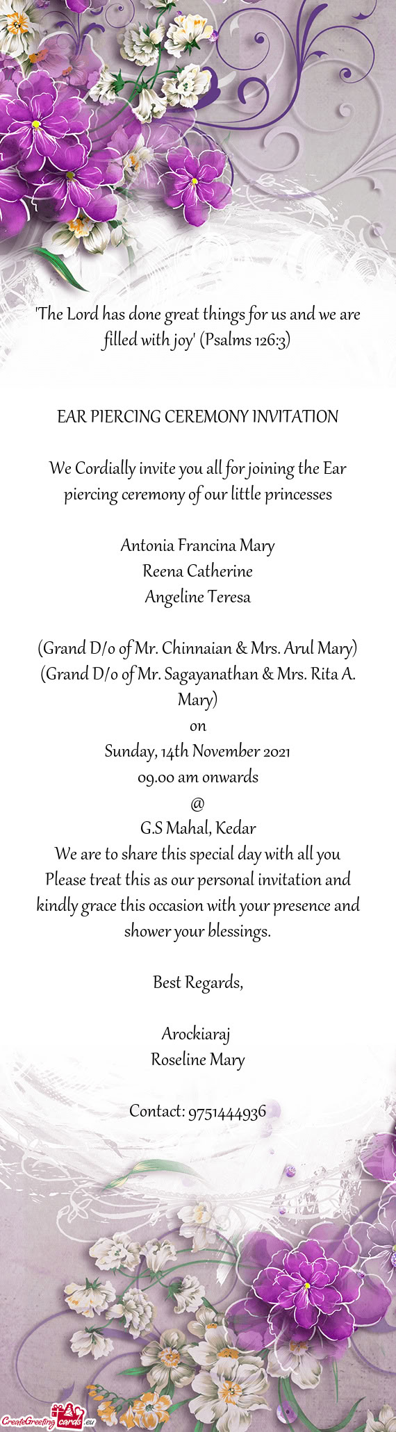 (Grand D/o of Mr. Chinnaian & Mrs. Arul Mary)