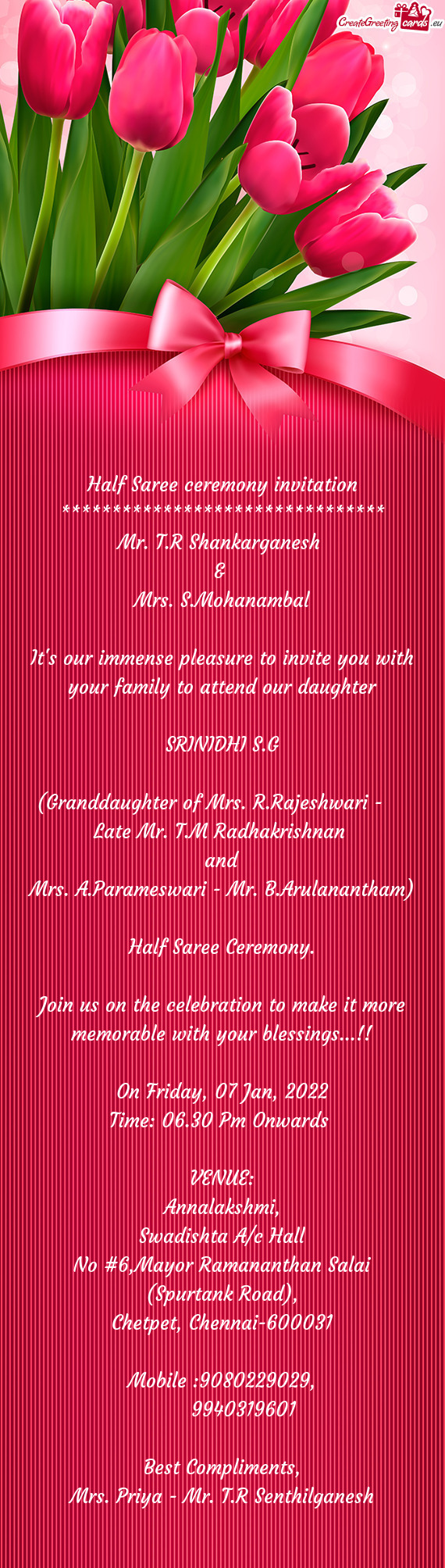 (Granddaughter of Mrs. R.Rajeshwari -  Late Mr. T.M Radhakrishnan