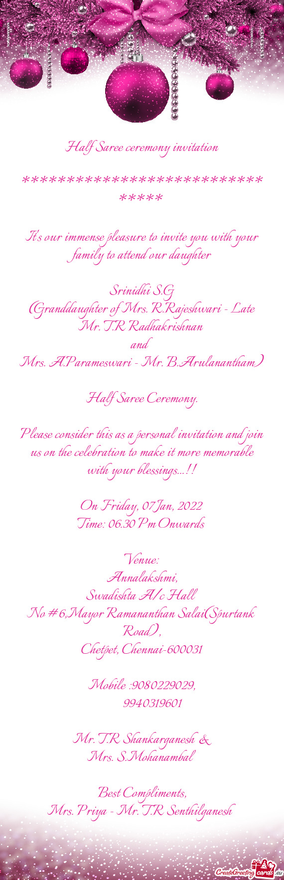 (Granddaughter of Mrs. R.Rajeshwari - Late Mr. T.R Radhakrishnan