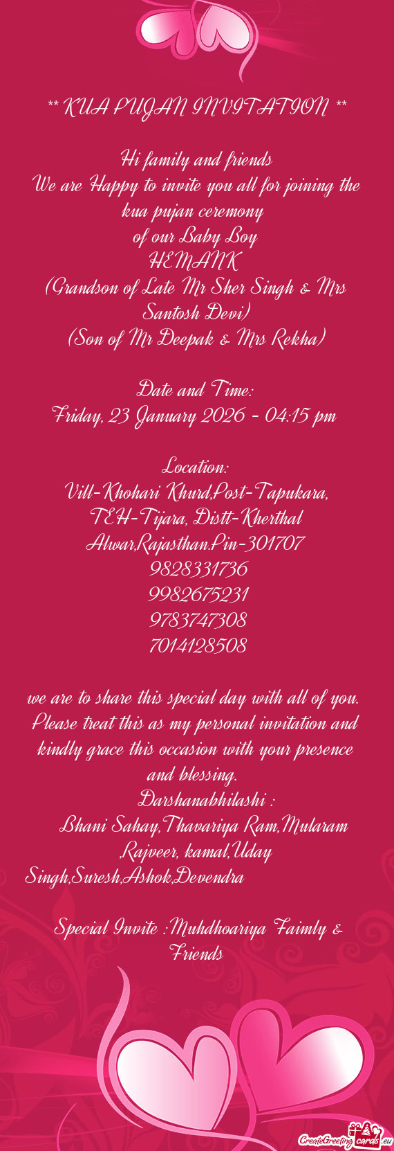 (Grandson of Late Mr Sher Singh & Mrs Santosh Devi)