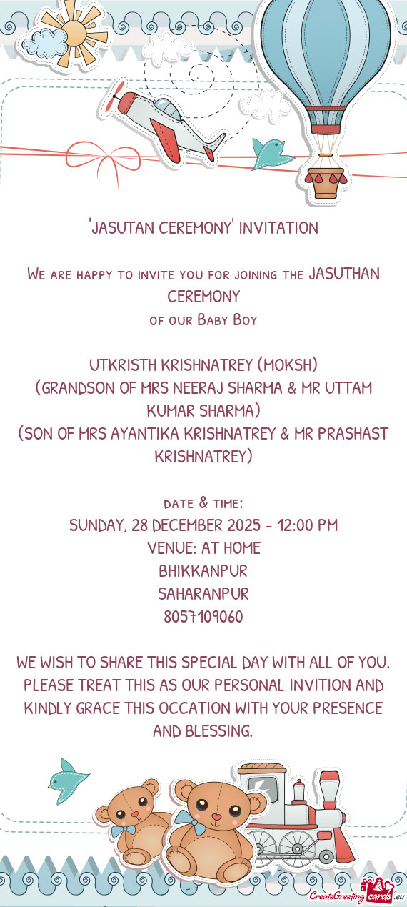 (GRANDSON OF MRS NEERAJ SHARMA & MR UTTAM KUMAR SHARMA)