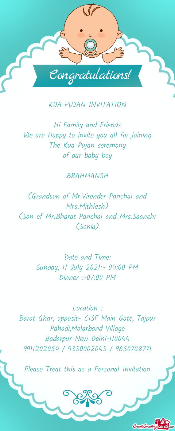 (Grandson of Mr.Virender Panchal and Mrs.Mithlesh)