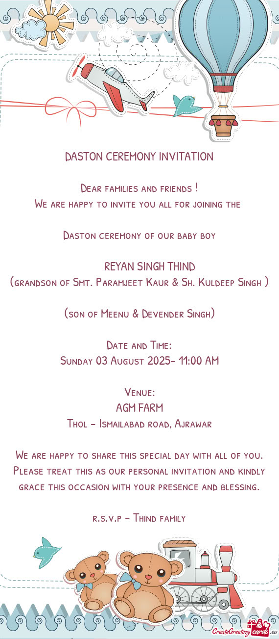 (grandson of Smt. Paramjeet Kaur & Sh. Kuldeep Singh )