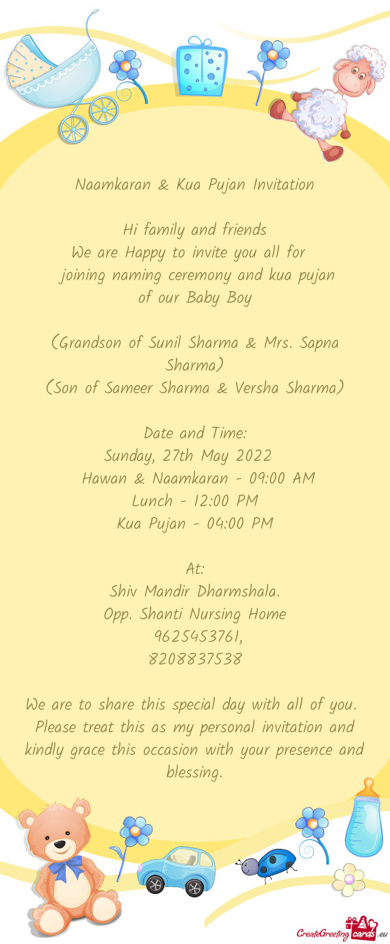 (Grandson of Sunil Sharma & Mrs. Sapna Sharma)