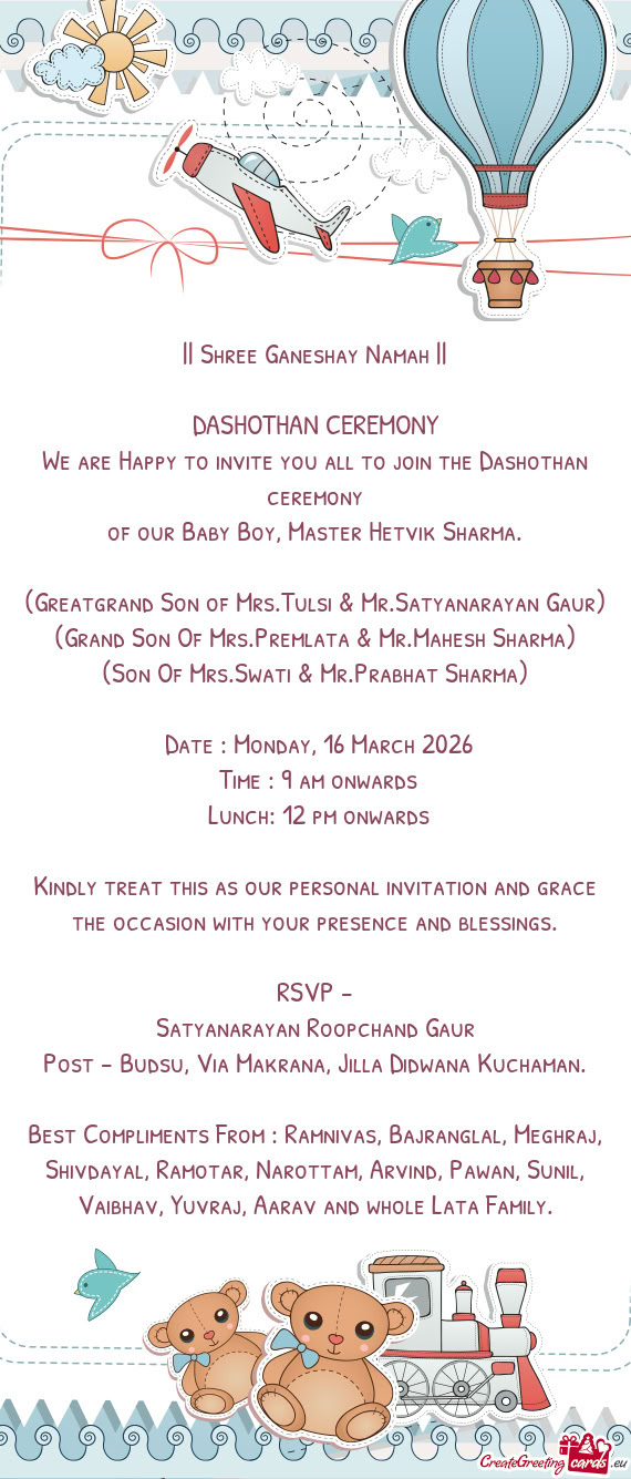 (Greatgrand Son of Mrs.Tulsi & Mr.Satyanarayan Gaur) (Grand Son Of Mrs.Premlata & Mr.Mahesh Sharma)