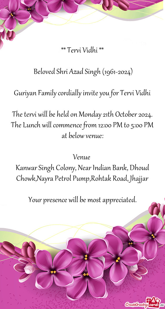 Guriyan Family cordially invite you for Tervi Vidhi