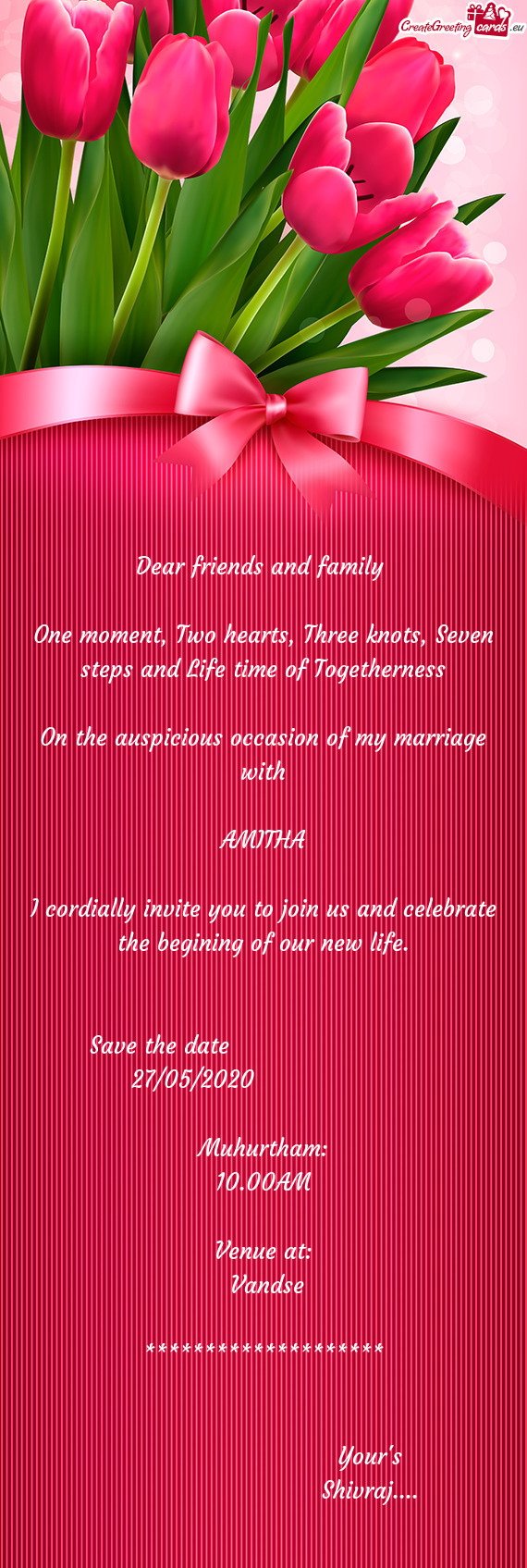 HA
 
 I cordially invite you to join us and celebrate the begining of our new life