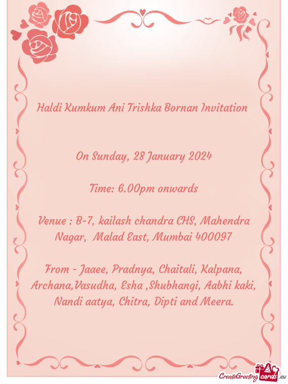 Haldi Kumkum Ani Trishka Bornan Invitation