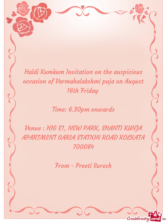 Haldi Kumkum Invitation on the auspicious occasion of Varmahalakshmi puja on August 16th Friday