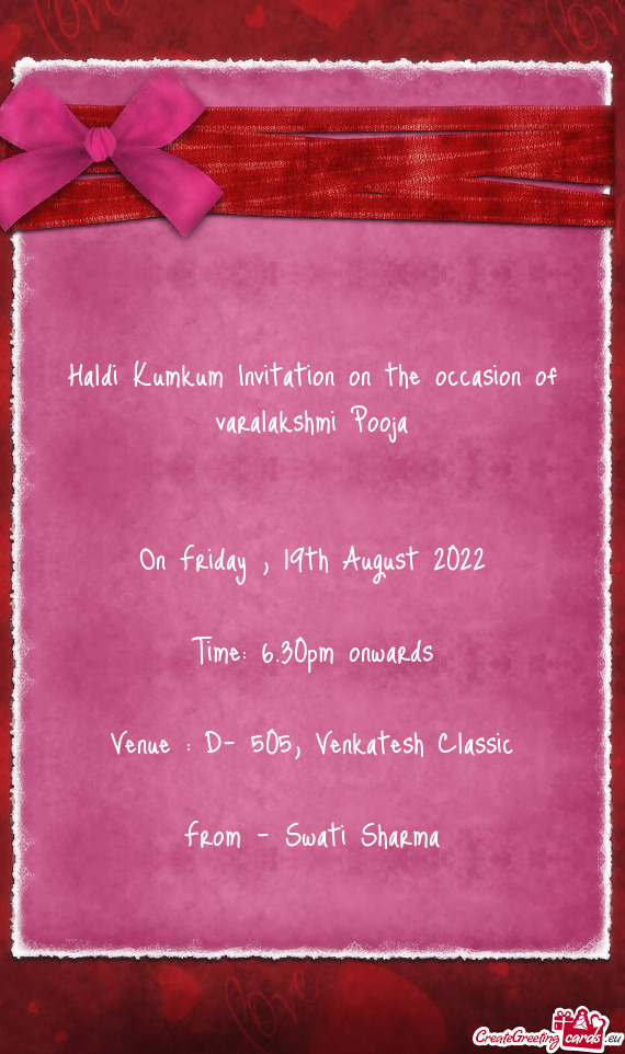 Haldi Kumkum Invitation on the occasion of varalakshmi Pooja