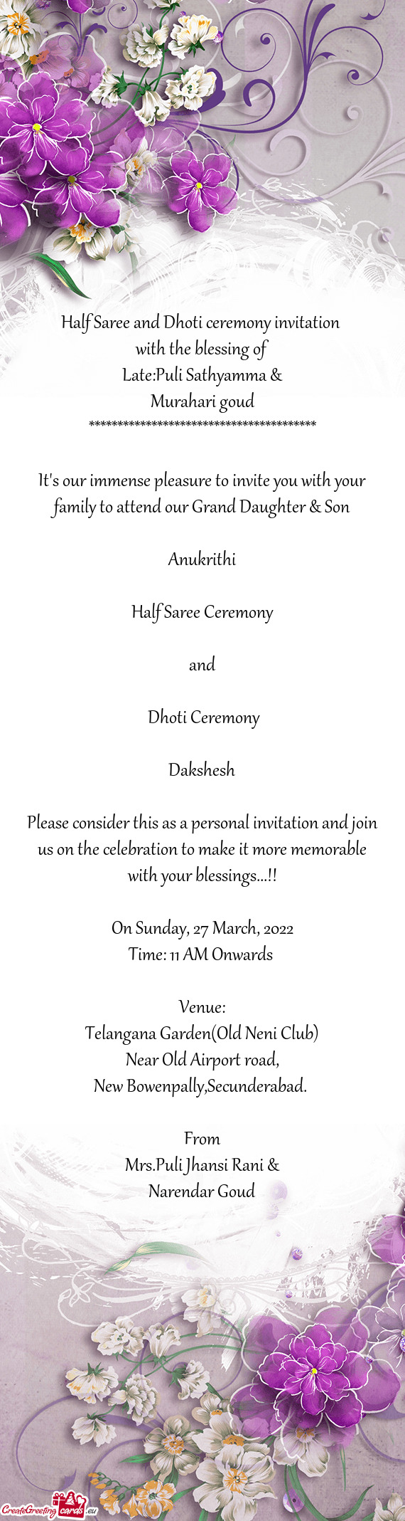 Half Saree and Dhoti ceremony invitation