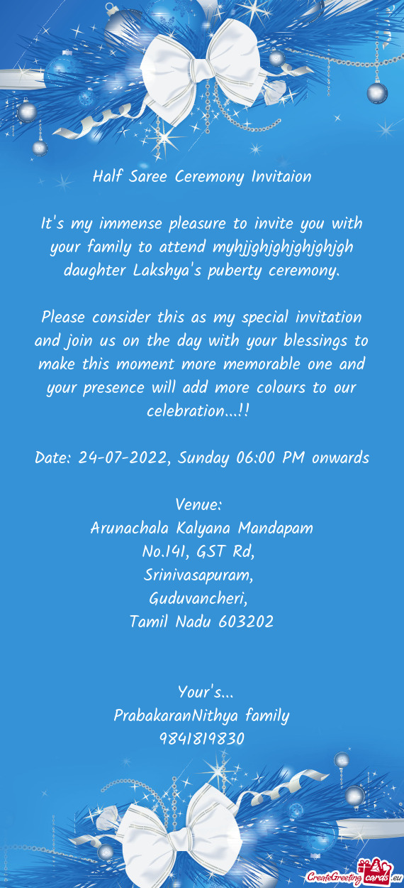 Half Saree Ceremony Invitaion