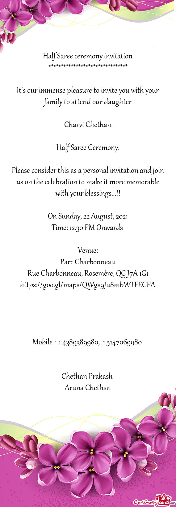 Half Saree ceremony invitation
 ******************************** 
 
 It