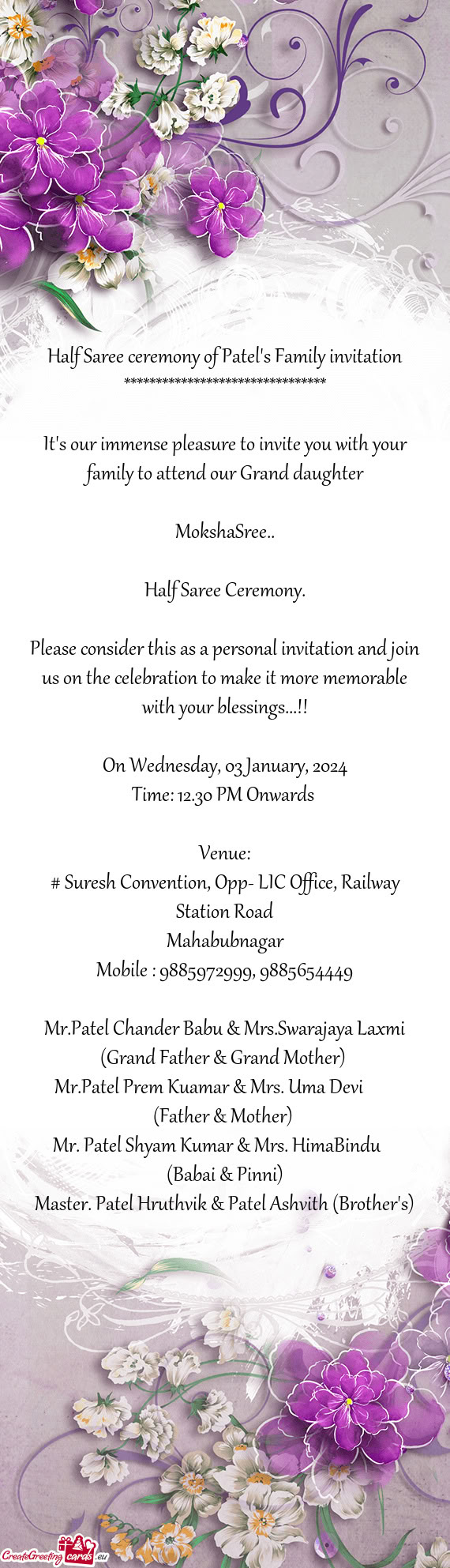Half Saree ceremony of Patel's Family invitation