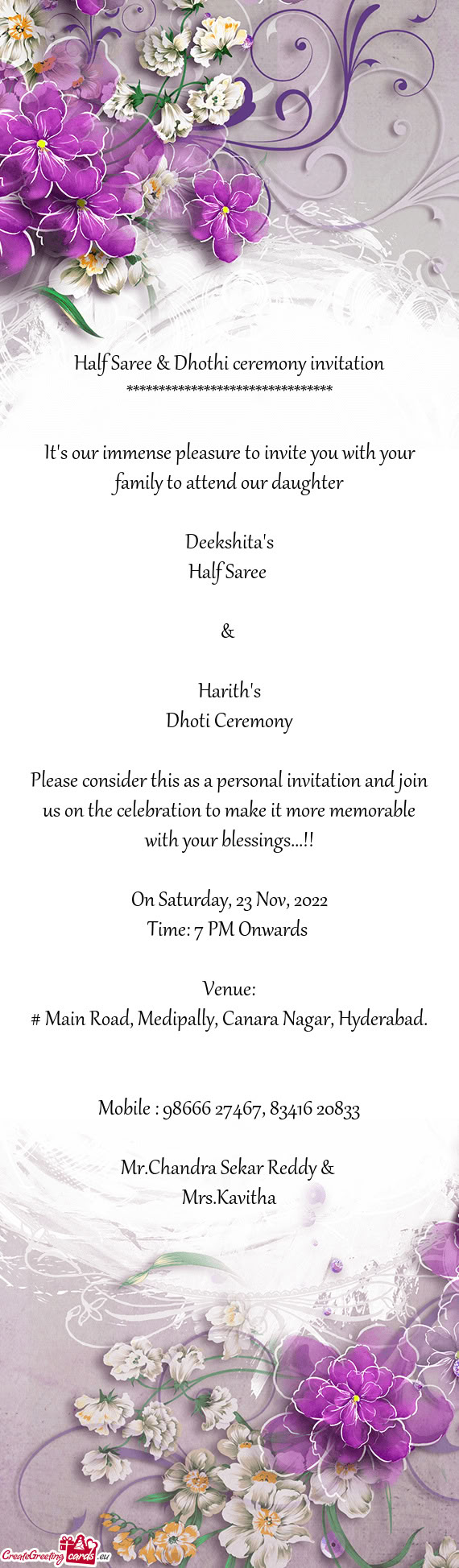 Half Saree & Dhothi ceremony invitation