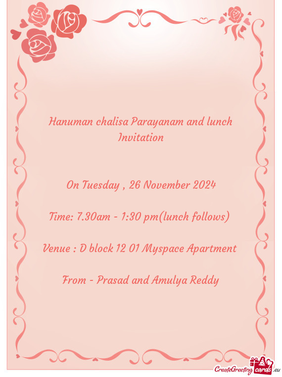 Hanuman chalisa Parayanam and lunch Invitation