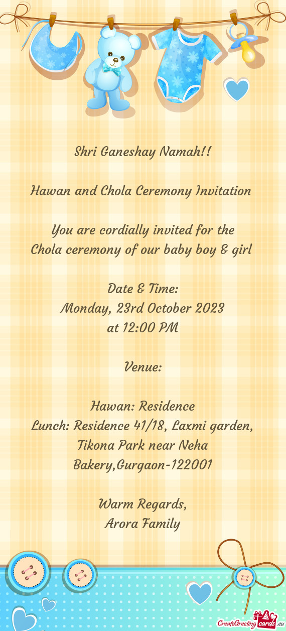 Hawan and Chola Ceremony Invitation