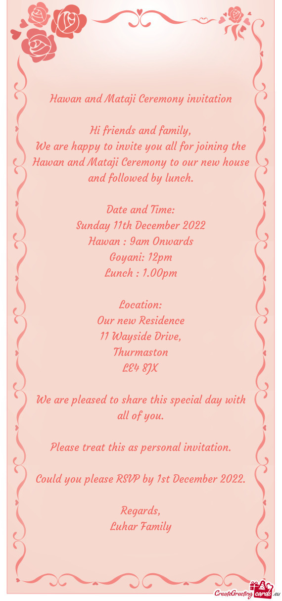 Hawan and Mataji Ceremony invitation