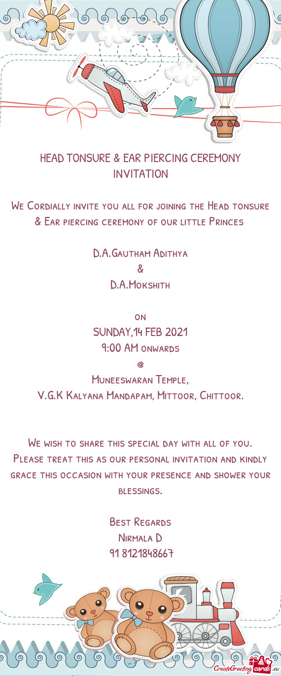 HEAD TONSURE & EAR PIERCING CEREMONY  INVITATION    We