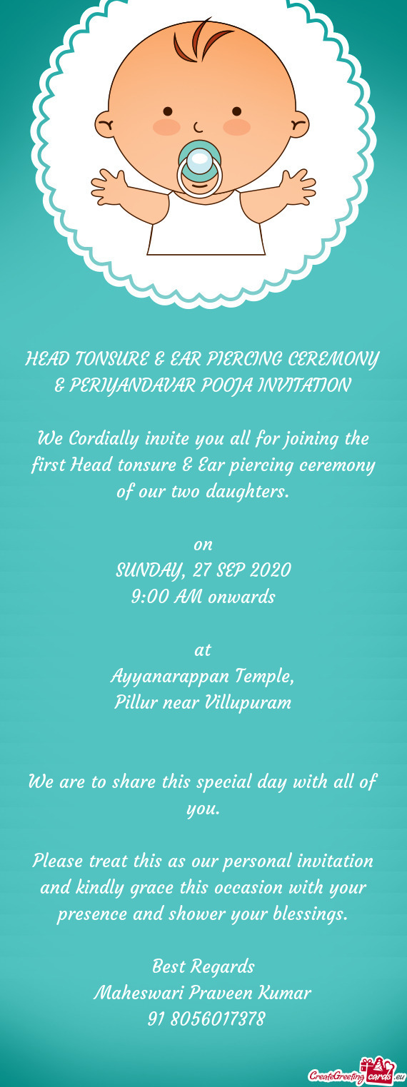 HEAD TONSURE & EAR PIERCING CEREMONY & PERIYANDAVAR POOJA INVITATION