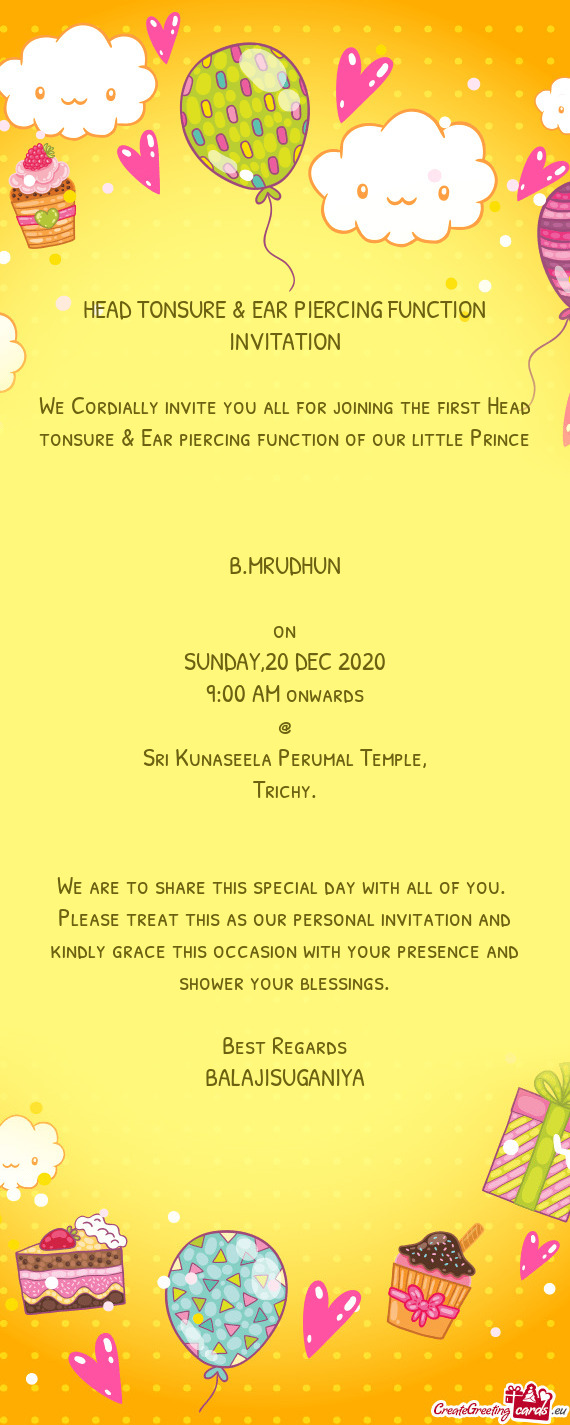 HEAD TONSURE & EAR PIERCING FUNCTION INVITATION