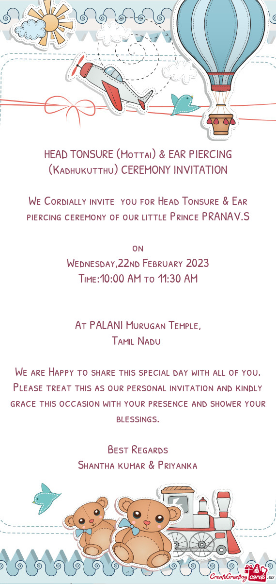 HEAD TONSURE (Mottai) & EAR PIERCING (Kadhukutthu) CEREMONY INVITATION