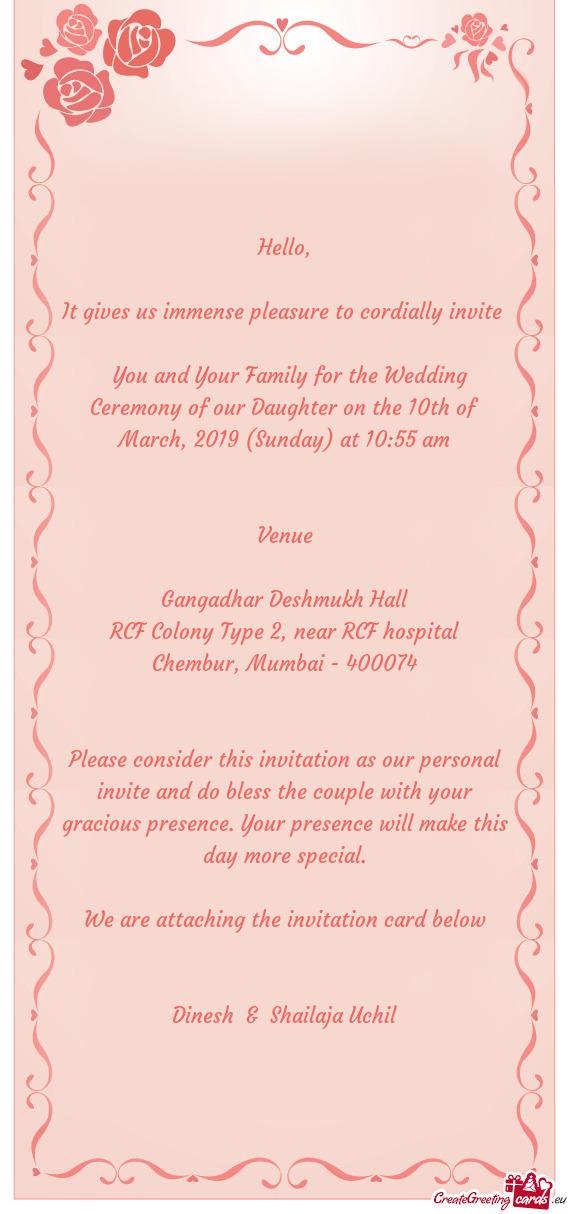 Hello,    It gives us immense pleasure to cordially invite