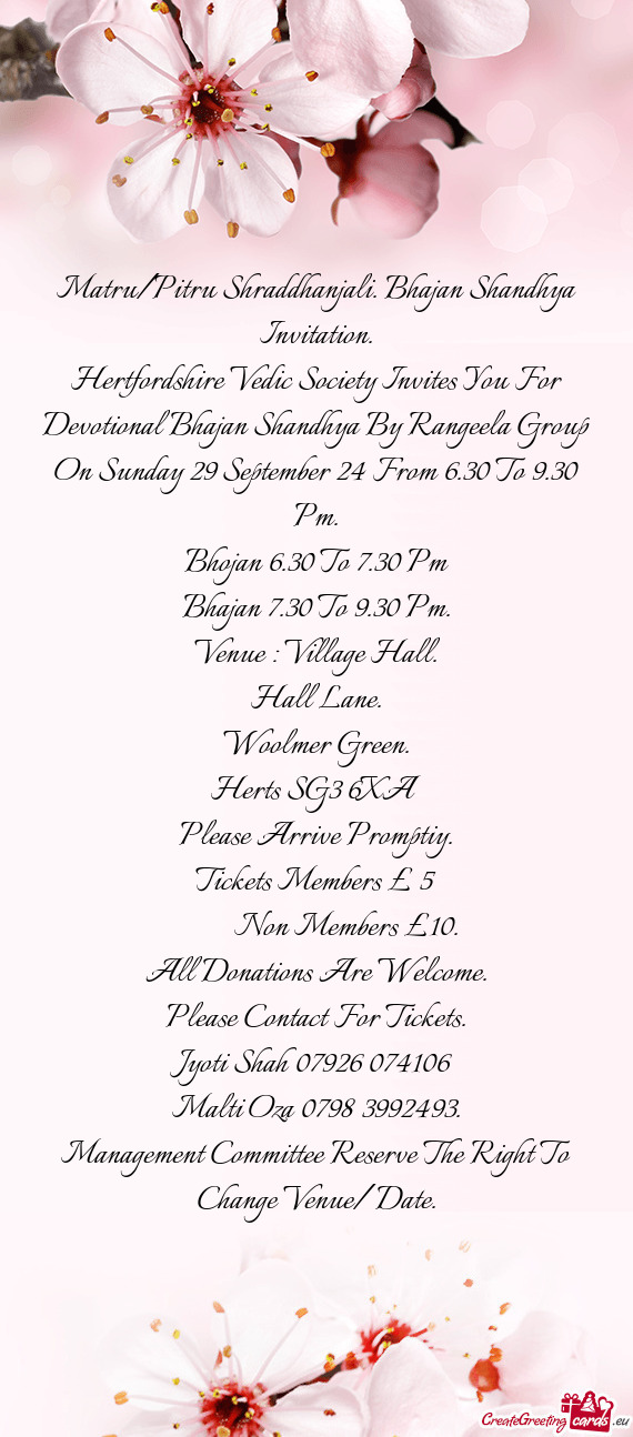 Hertfordshire Vedic Society Invites You For Devotional Bhajan Shandhya By Rangeela Group On Sunday 2