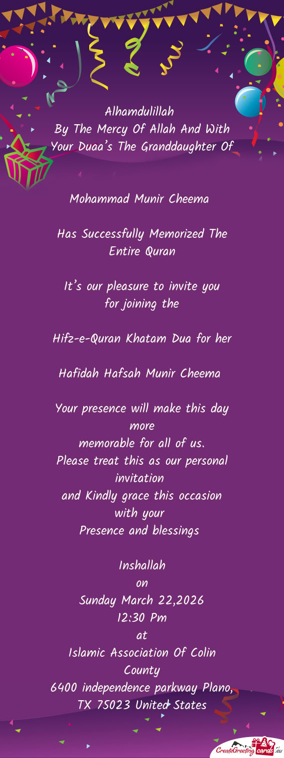 Hifz-e-Quran Khatam Dua for her