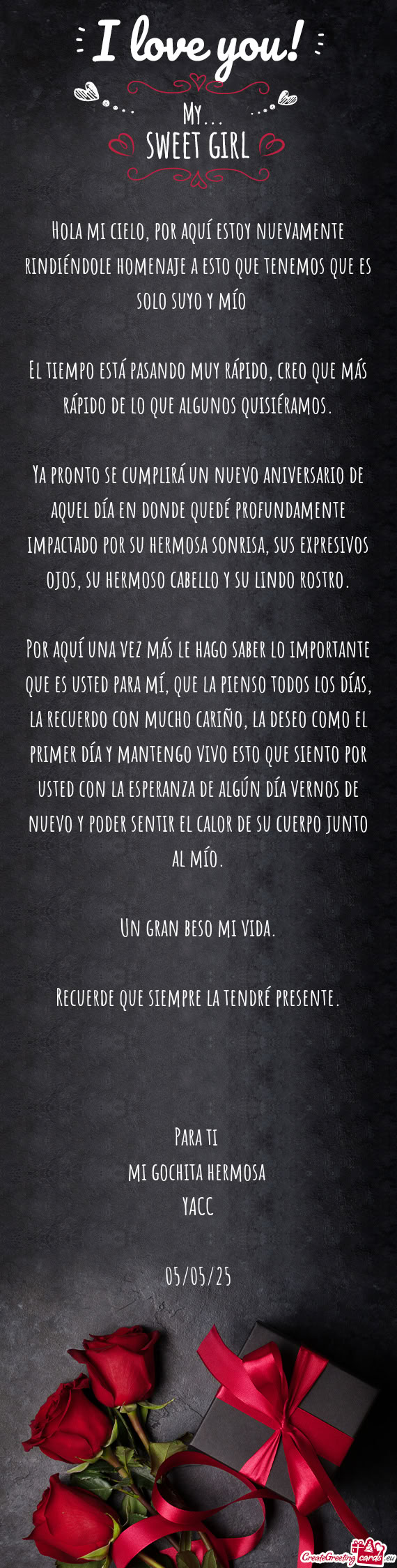 Hola mi cielo, por aquí estoy nuevamente rindiéndole homenaje a esto que tenemos que es solo suyo