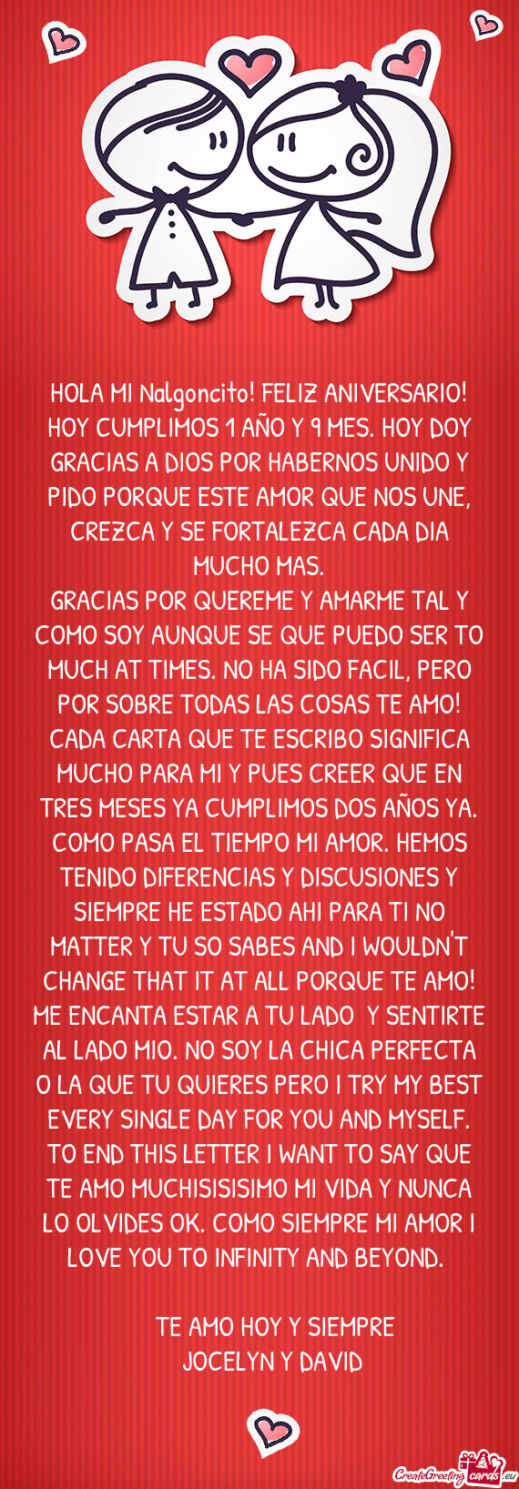 HOLA MI Nalgoncito! FELIZ ANIVERSARIO! HOY CUMPLIMOS 1 AÑO Y 9 MES. HOY DOY GRACIAS A DIOS POR HABE