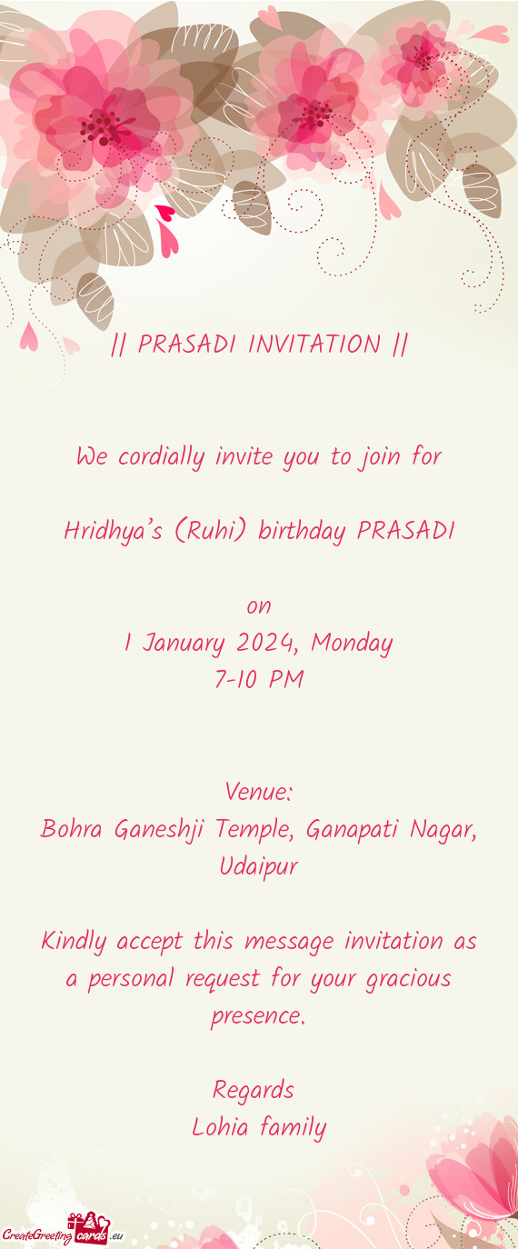 Hridhya’s (Ruhi) birthday PRASADI