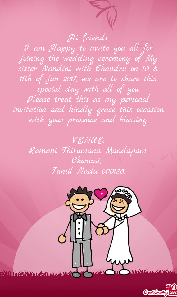 I am Happy to invite you all for joining the wedding ceremony of My sister Nandini with Chandru on 1