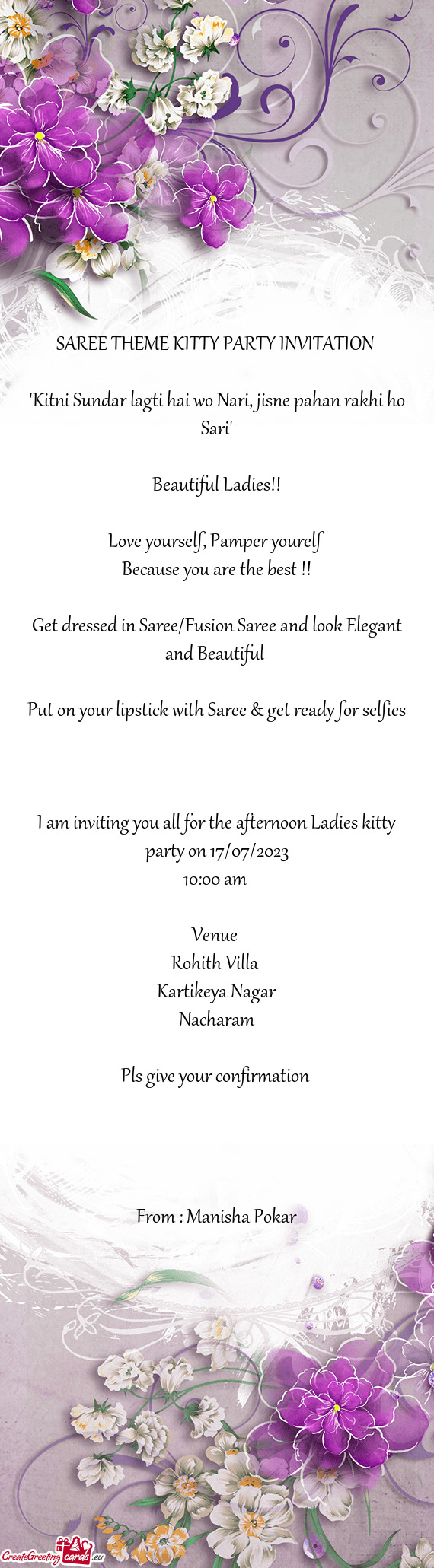 I am inviting you all for the afternoon Ladies kitty party on 17/07/2023