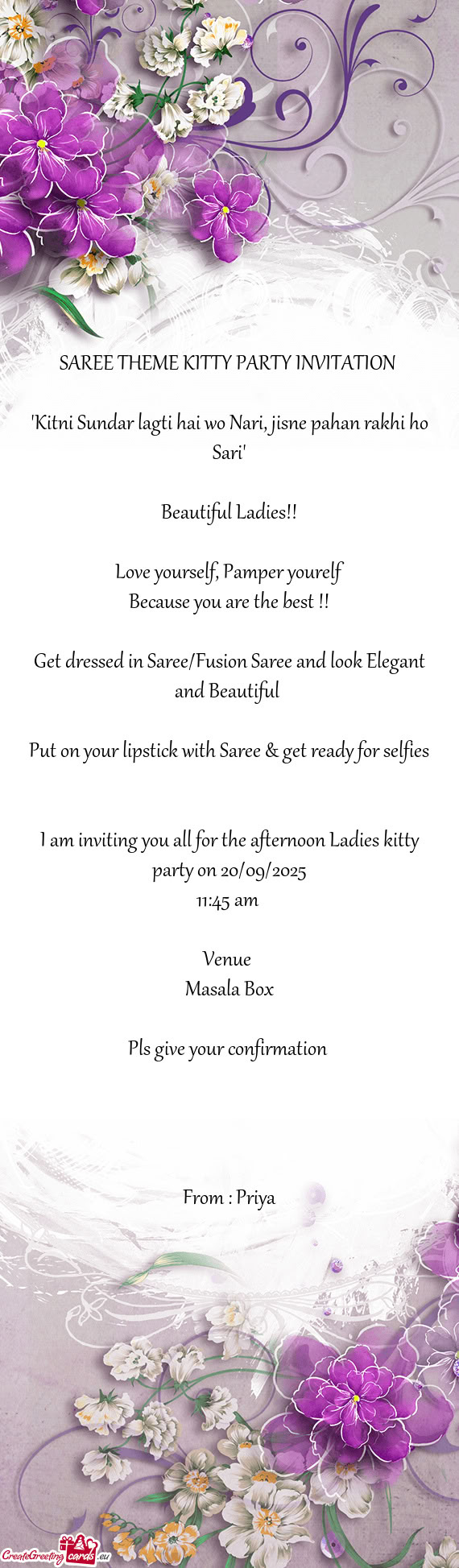 I am inviting you all for the afternoon Ladies kitty party on 20/09/2025