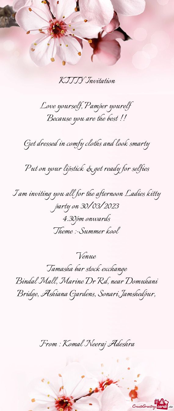 I am inviting you all for the afternoon Ladies kitty party on 30/03/2023