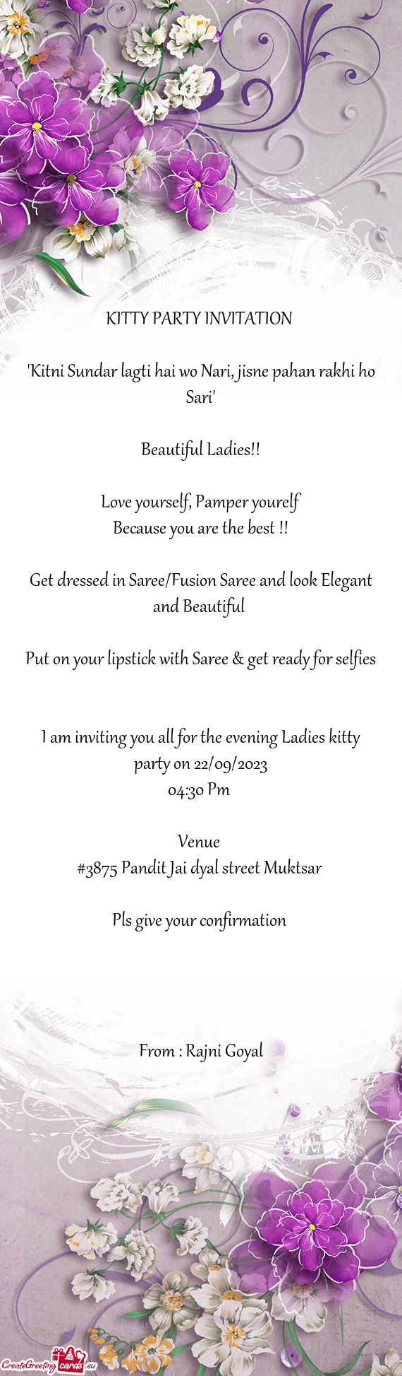 I am inviting you all for the evening Ladies kitty party on 22/09/2023