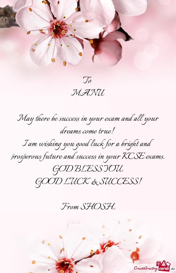 I am wishing you good luck for a bright and prosperous future and success in your KCSE exams. GOD BL