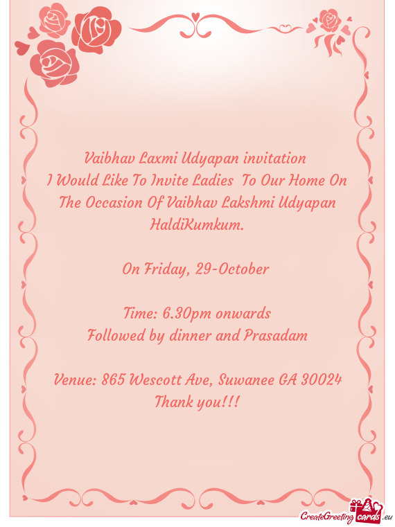 I Would Like To Invite Ladies To Our Home On The Occasion Of Vaibhav Lakshmi Udyapan HaldiKumkum