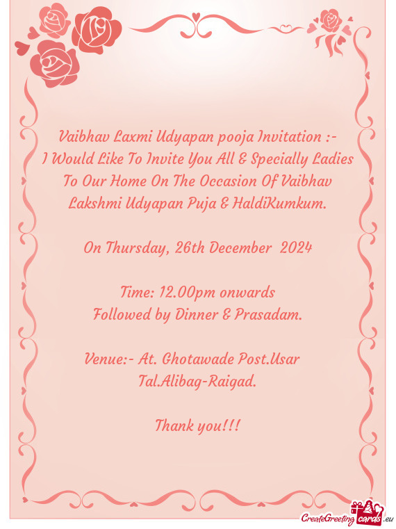 I Would Like To Invite You All & Specially Ladies To Our Home On The Occasion Of Vaibhav Lakshmi Udy