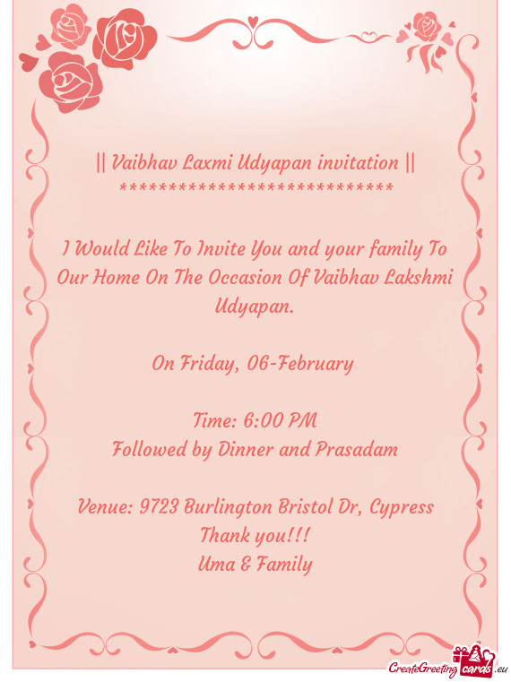 I Would Like To Invite You and your family To Our Home On The Occasion Of Vaibhav Lakshmi Udyapan